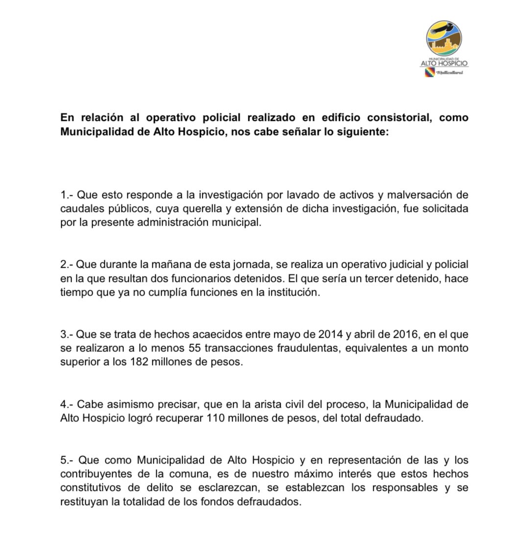 Municipio de Alto Hospicio <a href="/MHospicio/">Municipalidad Alto Hospicio</a> entrega más antecedentes sobre la investigación y asegura que son querellantes en el caso que indaga la Fiscalía. Los tres detenidos pasarán al control de la detención este miércoles… #Iquique <a href="/biobio/">BioBioChile</a>