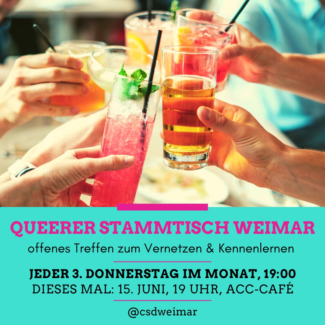 🍹 Endlich wieder: Diese Woche findet der nächste Queere Stammtisch Weimar statt - Do, 15.06., 19 Uhr!🏳️‍🌈🏳️‍⚧️

🍹 Finally it's that time again: On Thursday the next Queer Stammtisch Weimar will take place - June 15, 7pm! 🏳️‍🌈🏳️‍⚧️

[1/7]
 #CSDThüringen #VielfaltInThüringen
