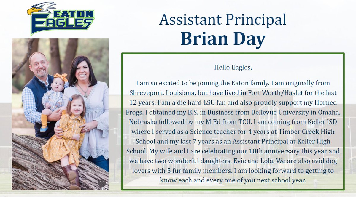 We are excited to announce📣the newest member of our Eaton Admin Team, Brian Day! 🦅We look forward to his passion &amp; knowledge strengthening our team! 
💙Welcome to the Nest! 💚