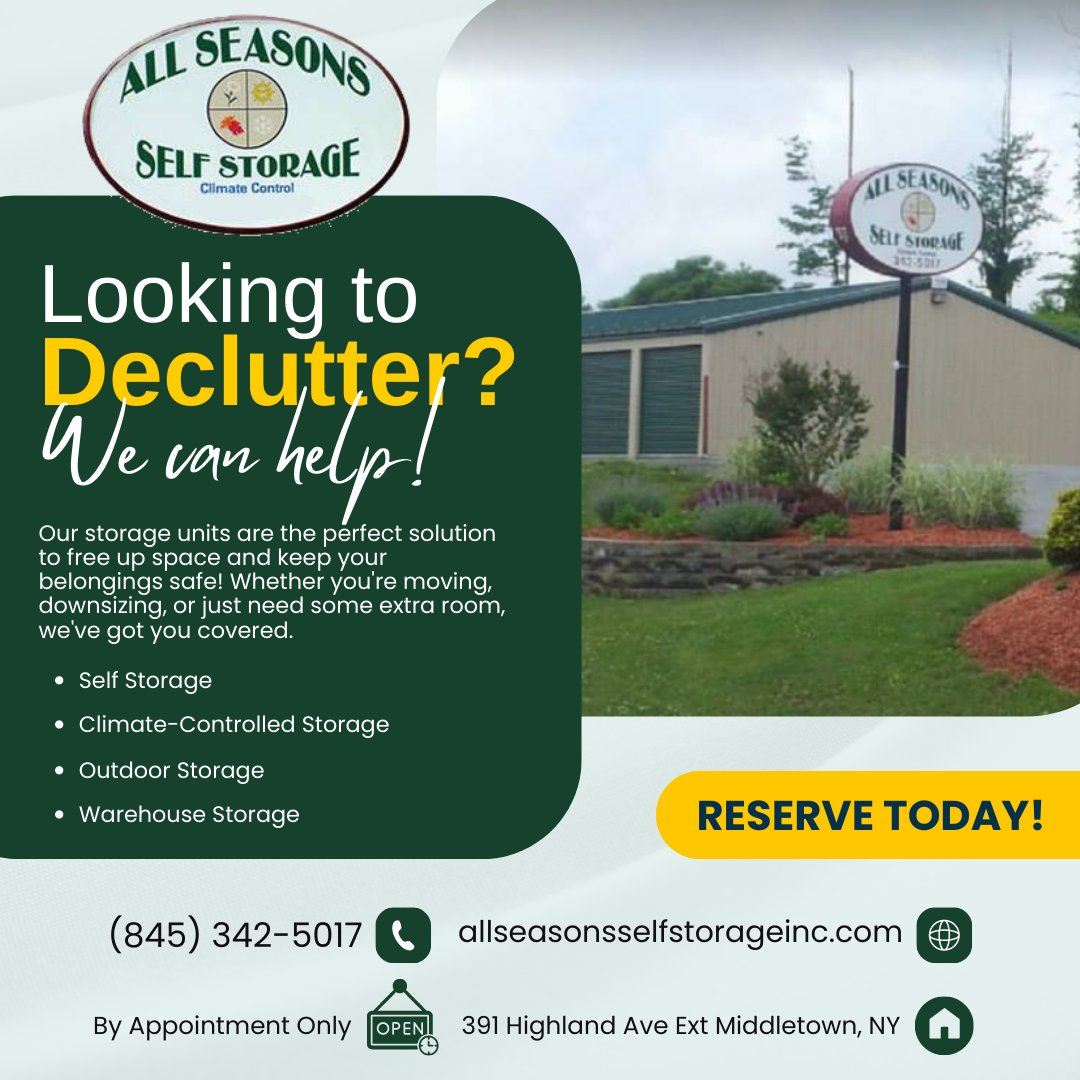 If you are looking to declutter - All Seasons Self Storage in Middletown, Orange County, New York can help! Call today & reserve the best storage units around! #decluttering #declutter #declutteryourlife #declutteryourhome #CleanStorage #storagesolutions #familyowned