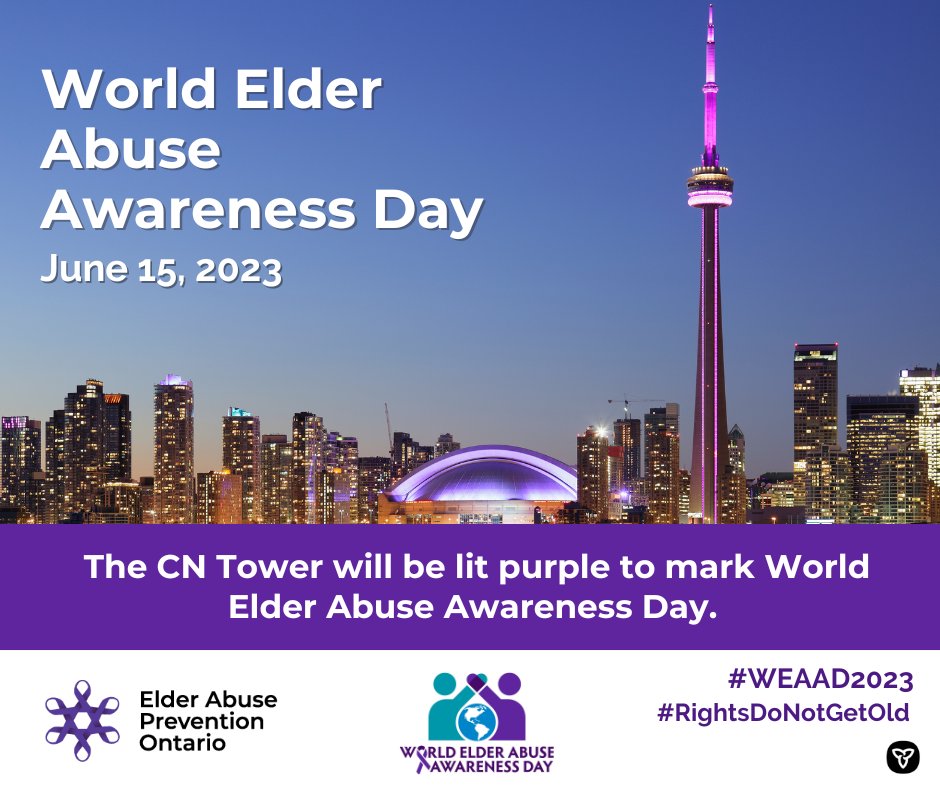 On June 15th, the CN tower will illuminate purple to shine a light on the prevention of elder abuse and rights of older persons. Join us in recognizing this important day, put a spotlight up a monument or structure in your community to bring awareness to these issues. #WEAAD2023