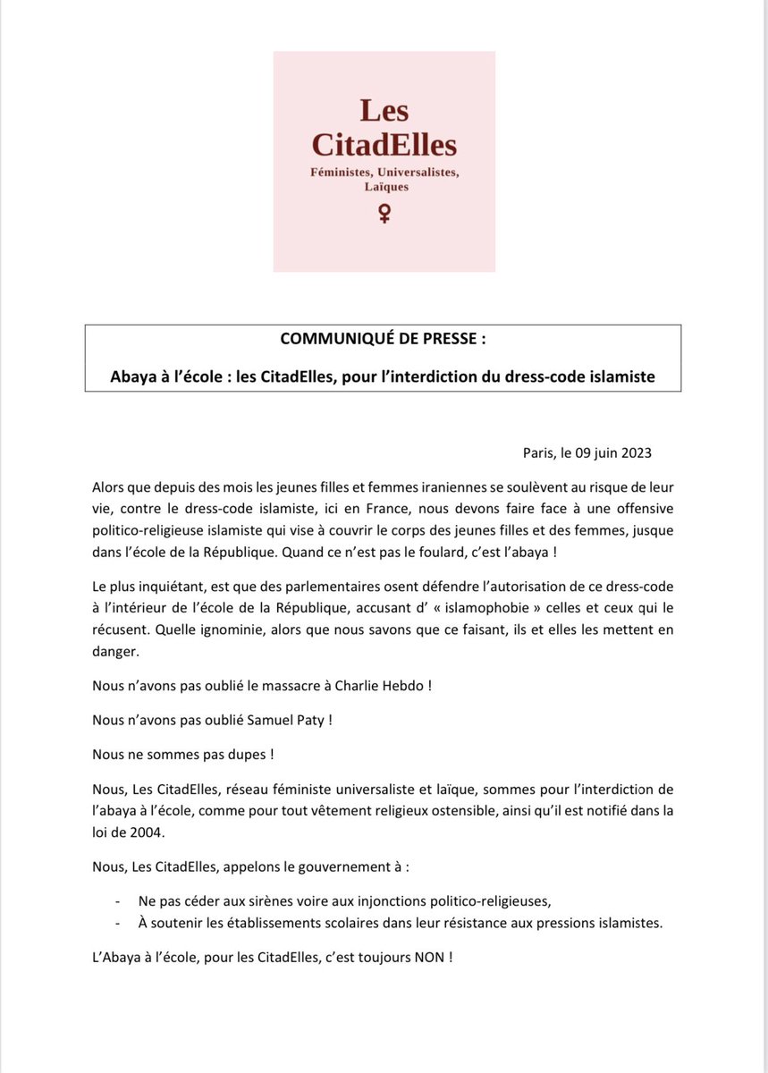 @24hPujadas @CarolineFourest Pour le réseau féministe #LesCitadElles, l #Abaya à l'école, c'est non ! ⤵