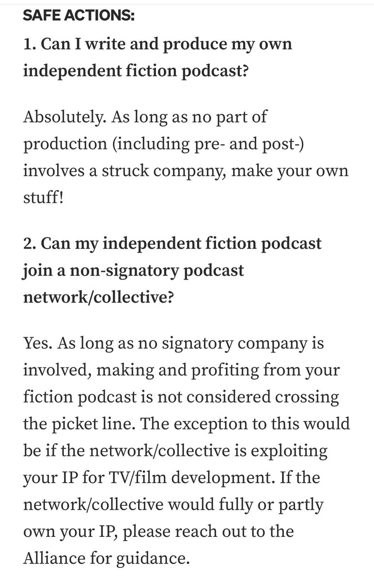 Today <a href="/WGAAudio/">WGA Audio Alliance</a> released a VERY detailed set of guidelines for fiction podcasts. Its biggest concern? That studios will use podcasts as a loophole to develop new projects during the strike. Read more here: medium.com/@wgaaudio/guid…