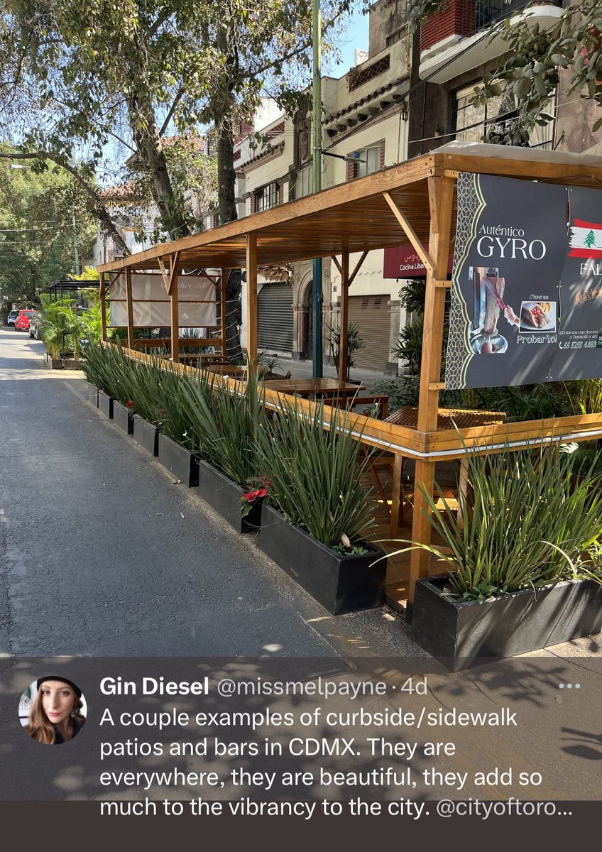 @danielbray @barvolo @cityoftoronto You don’t have to dine in the gutter. It’s the way the city has set up the whole program. Look at these street side patios in NYC