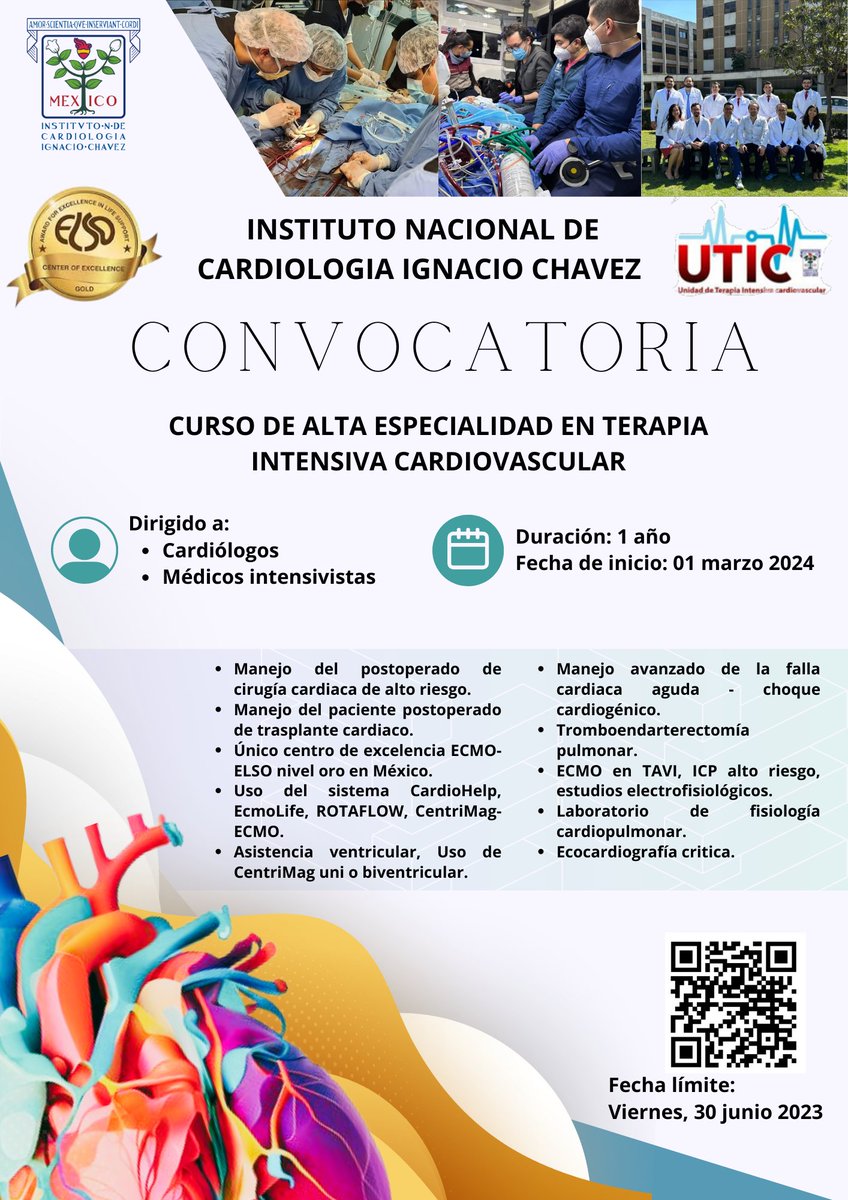 JLuisElizaldeS's tweet photo. Curso de alta especialidad en Terapia Intensiva Cardiovascular.

Instituto Nacional de Cardiología Ignacio Chávez.

#UTIC #CardioTwitter  #cardiocritica #criticalcare #ECMO
Fecha límite para aspirantes: 30.Junio.23 https://t.co/yvxuq5HfNJ