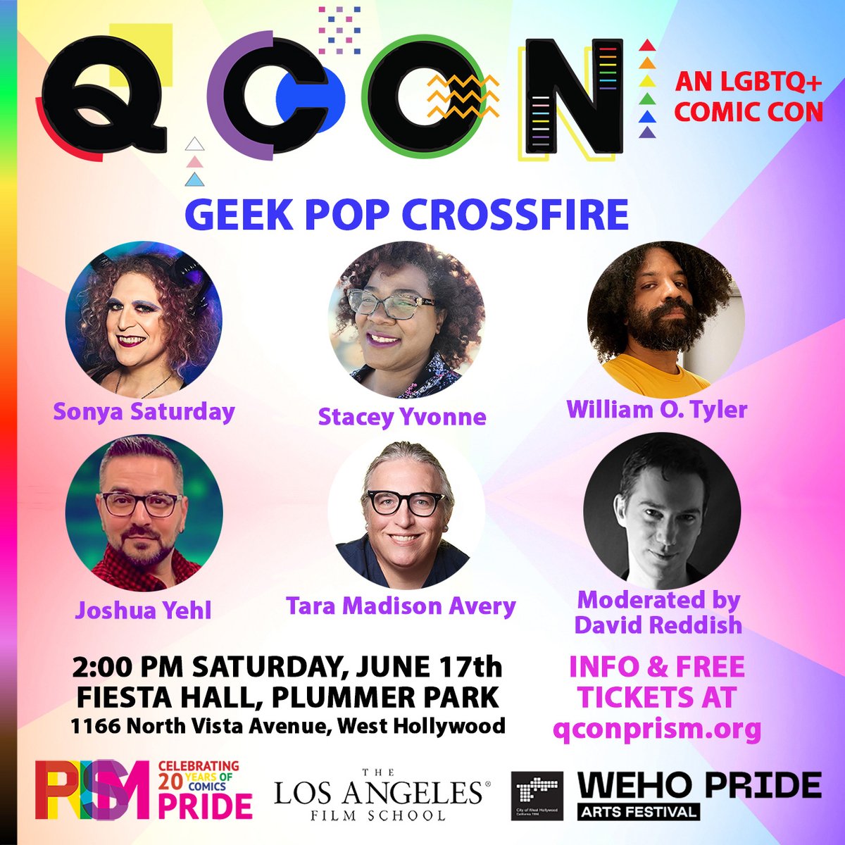 prismcomics's tweet photo. Get the hottest takes from the queerest pop culture cognoscenti at Geek Pop Crossfire at @QConPrism! See our witty and well-informed panel tackle topics from #StarWars to the #Spiderverse 2 PM Saturday June 17 at #PlummerPark in @WestHollywood! #FreeAdmission @wehopride @wehoarts https://t.co/BHuTUGWyOL