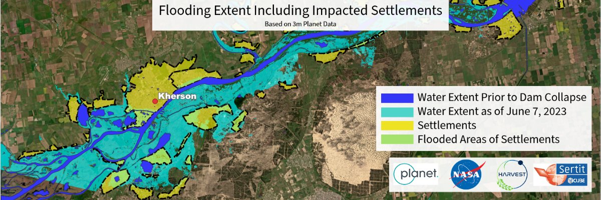planet's tweet image. The Nova Kakhovka dam provided water across agricultural lands in Ukraine. Following the dam's destruction, @NASA @HarvestProgram via #satellitedata found that three farm irrigation canals are already disconnected, with a fourth dangerously close. 

More: go.planet.com/harvest-dam