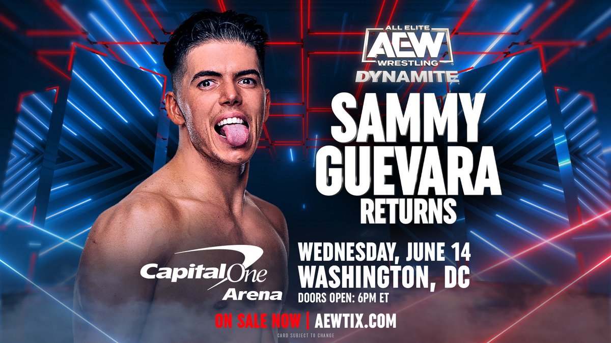 The Spanish God @sammyguevara returns TOMORROW NIGHT at #AEWDynamite LIVE at 8pm ET/ 7pm CT on @tbsnetwork! Don’t miss Wednesday Night #AEWDynamite tomorrow, back where it all began, Washington, DC @capitalonearena, home of our debut episode! 8pm ET/7pm CT Tomorrow, live on TBS!