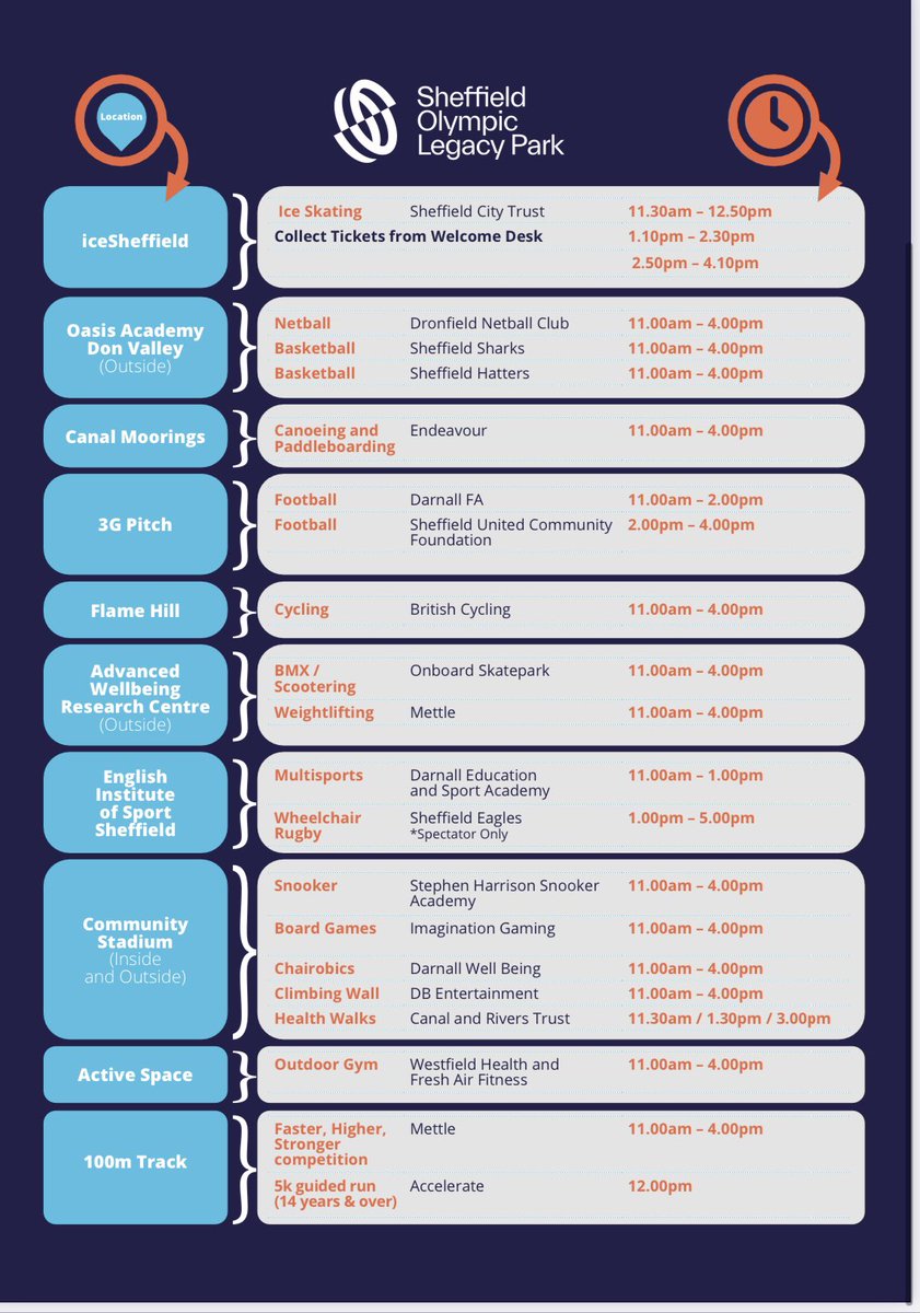 📆 : This Saturday 
🕰️: 11am - 4pm
📍 : Sheffield Olympic Legacy Park
💰 : All FREE 

Check out what is happening below. 
Come down, explore the park and enjoy the sun 🤞🏼