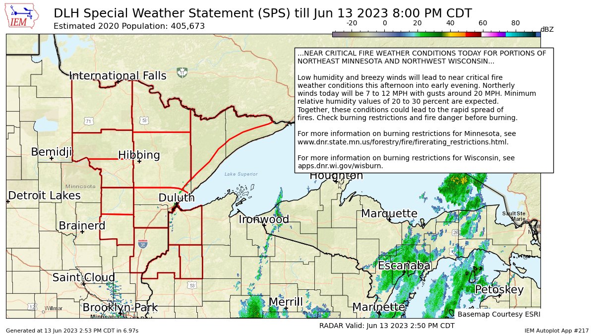 NEAR CRITICAL FIRE WEATHER CONDITIONS TODAY FOR PORTIONS OF NORTHEAST MINNESOTA AND NORTHWEST WISCONSIN for Carlton/South St. Louis, Central St. Louis, Koochiching, North Itasca, North St. Louis, Northern Aitkin, Northern Cook/Northe... till 8:00 PM CDT https://t.co/lFMJCECMzG https://t.co/coHXdzDSYo