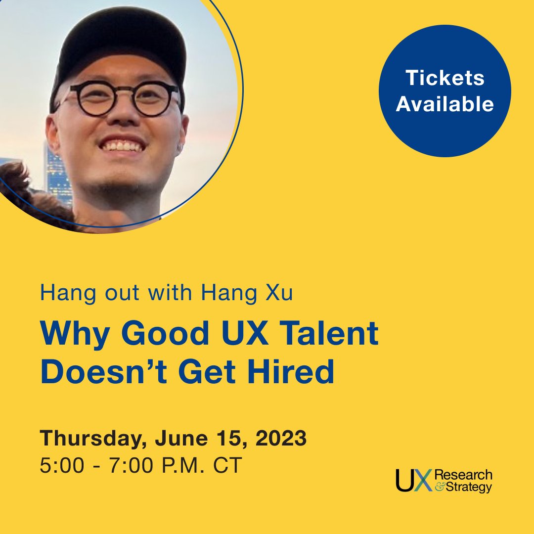It's not too late to save your seat for our popup event with Hang Xu. Hang will be sharing actionable insights to help experienced researchers standout in a tough job market! ecs.page.link/pMHhh

#UX #UXRS #UserExperience #UXCareer #UXDesign #UXResearch #UXHiring #UXJobs