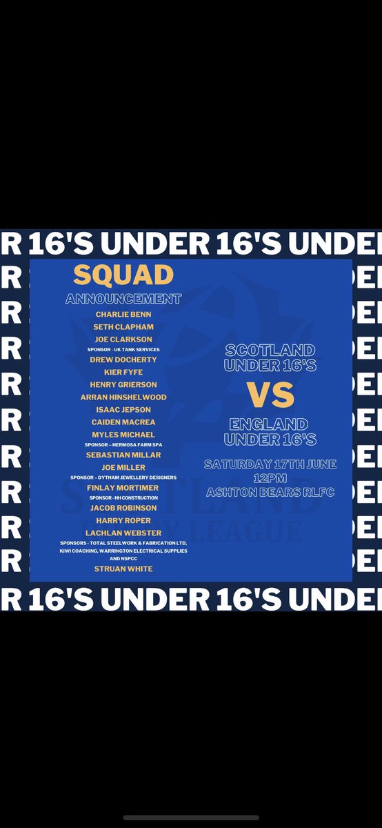 Congratulations to our U16’s player, Harry, who will make his international debut for <a href="/scotlandrl/">Scotland Rugby League 🏴󠁧󠁢󠁳󠁣󠁴󠁿</a> on Saturday 👏