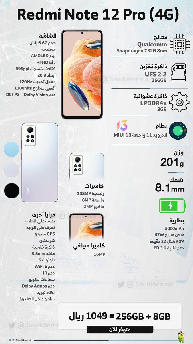 SaudiAndroid's tweet photo. أحدث هاتف توفر في السوق السعودي من سلسلة ريدمي نوت 12 هو " ريدمي نوت 12 برو نسخة 4G "
📱مواصفات & مميزات Redmi Note 12 Pro (4G).
توفر الحين في جرير⬇️
https://t.co/OSohaP635F
#RedmiNote12Series #RedmiNote12Pro4G https://t.co/gtLQq4VRcO