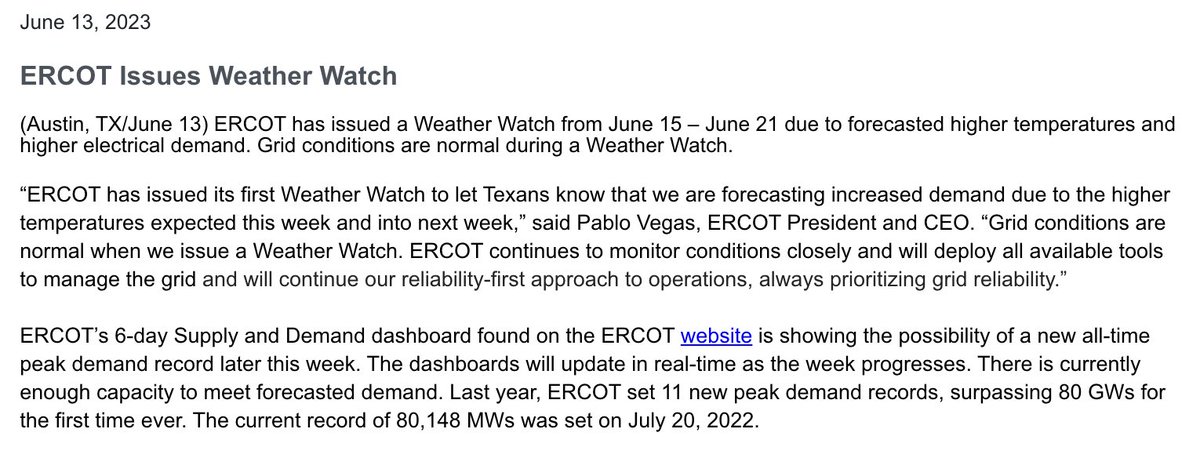 mattlargey's tweet photo. NEW: ERCOT has issued a "weather watch" for a week starting Thursday due to high temperatures and anticipated *very* high electricity demand. https://t.co/4oavFD5GjG