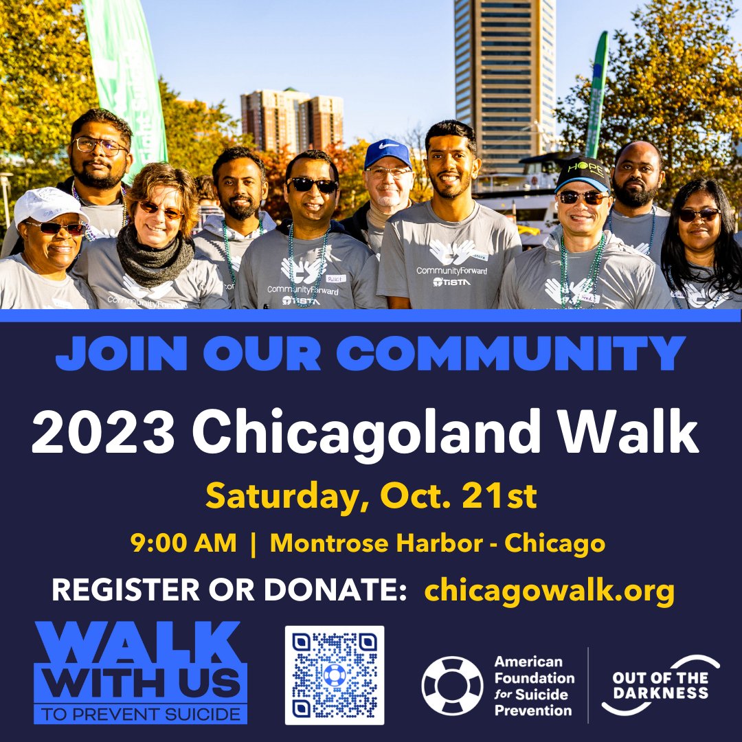 Create a team and invite your friends and family to #WalkWithUs at the Out of the Darkness Chicagoland Walk!

Sign up at chicagowalk.org/register

#ChicagolandWalk
#WalkWithUS
#SuicidePrevention