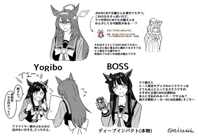 史実でCMに出演してた馬はウマでも同じように出てるのかなと思いながら描いてた