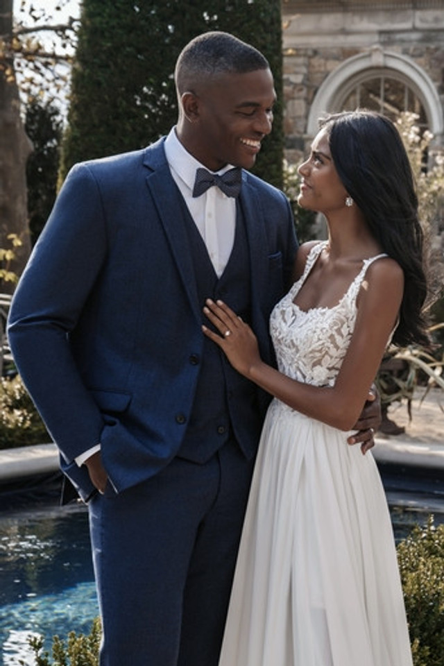 the perfect fit for the perfect day 💍🥰 #TuxedoTuesday #FormalApproach #tux #tuxedo #tux #blue #navy #bowtie #vest #wedding #weddingdress #weddingcake #bride #groom #groomsmen #bridesmaids