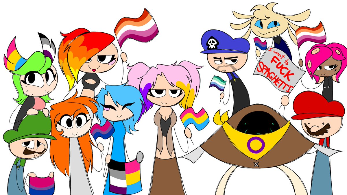 SMG4 cast with pride headcanons 

(These are my headcanons so don't take these as absolute fact) 

Oh and Mario's there too lol