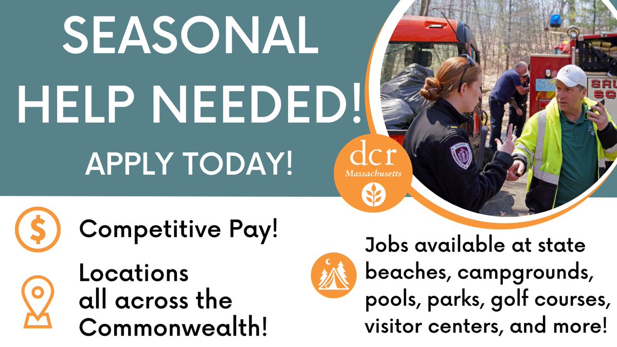 MassDCR's tweet photo. DCR is hiring for dozens of seasonal positions! Check the link for details! https://t.co/DnKNkWhqVW https://t.co/UZE3DKcHzE