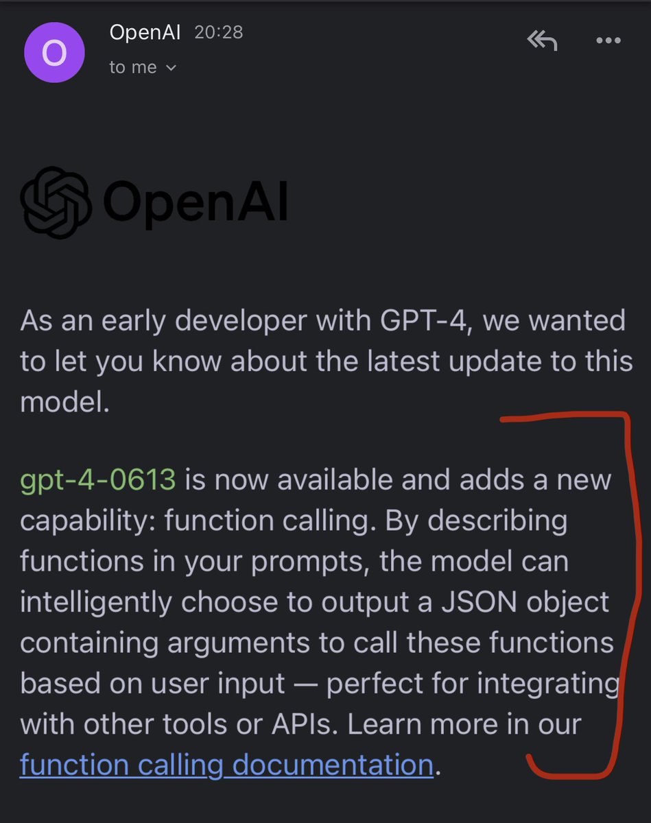 ddevjani's tweet photo. FINALLY. #OpenAI now supports Function Calling out of the box. This is going to BOOST us to a more usable AI assistant. You can ask #ChatGPT to "look up the weather this wknd, if it's over 72, find rooftop lounges, make reservations for me &amp; wife, and put it on our calendars" https://t.co/Gx56iTi9cR