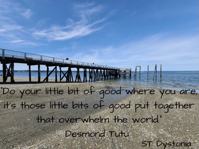 It’s all of the little bits of good, put together, that make the world a better place. Every act of kindness causes a ripple effect. I hope someone has been kind to you today. #Dystonia #DystoniaAwareness #DystoniaCureNeeded #STDystonia #kindness