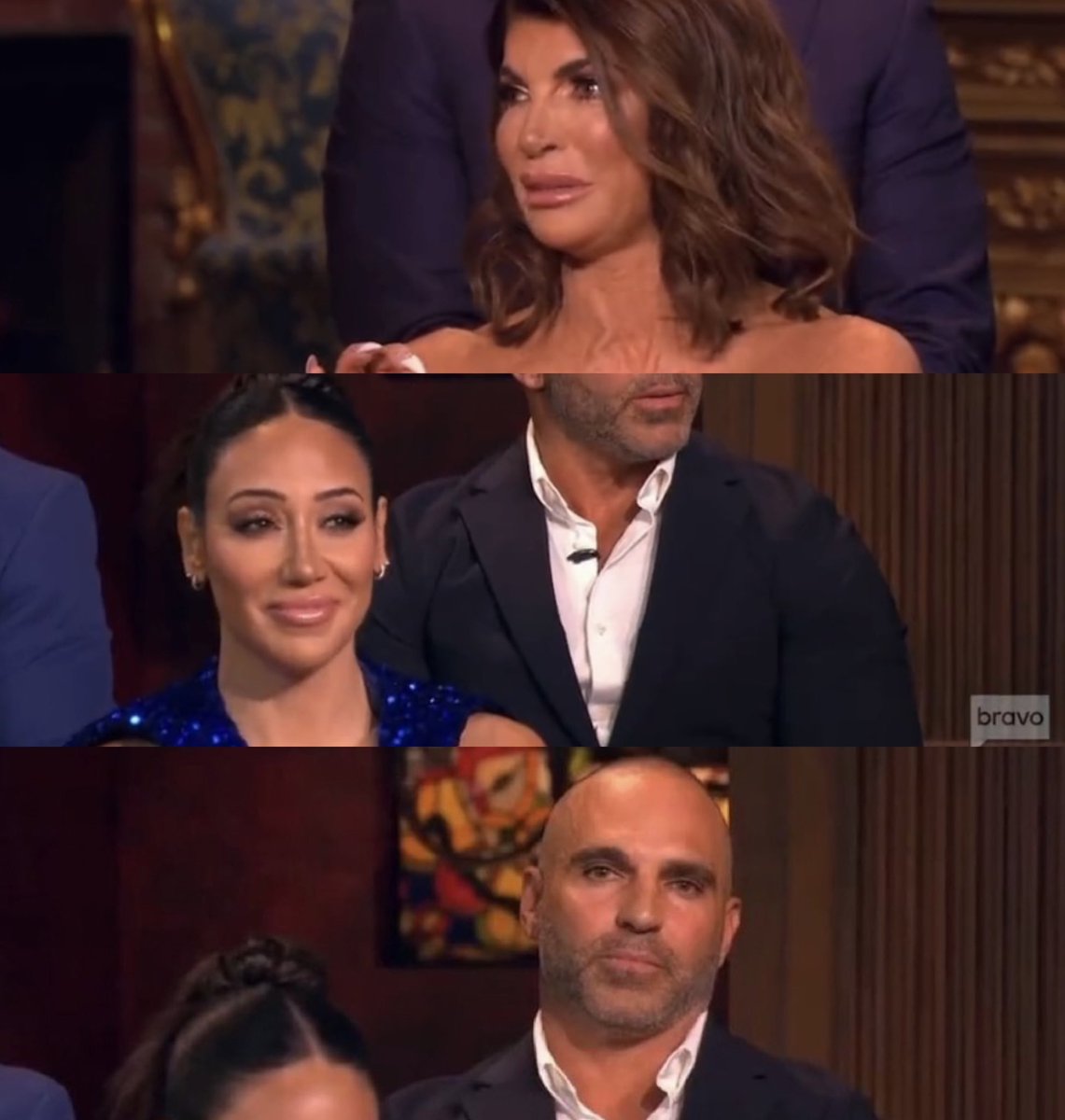 The pain in Teresa and Joe’s eyes 

Melissa feeling smug because she achieved what she always wanted. Joe had no relationship with his parents when they died, he has no relationship with his sisters and now his nieces. 

 #RHONJ