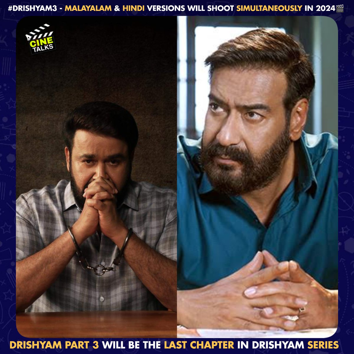 🔹#Drishyam3 - Malayalam & Hindi Versions Will Shoot Simultaneously In 2024.

▪️#DrishyamPart3 will be the last Chapter in Drishyam Series

🔸#Mohanlal - #AjayDevgn - #JeethuJoseph #Drishyam