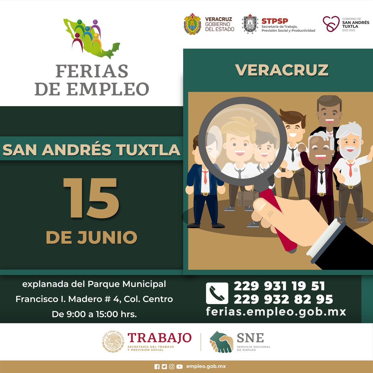 STPSPveracruz1's tweet image. ¡La Feria de Empleo en San Andrés Tuxtla! 🎉

Te esperamos el 15 de junio en la explanada del parque Francisco I. Madero #4, colonia Centro, donde podrás encontrar las diversas oportunidades laborales seguras y confiables que tenemos. 📄