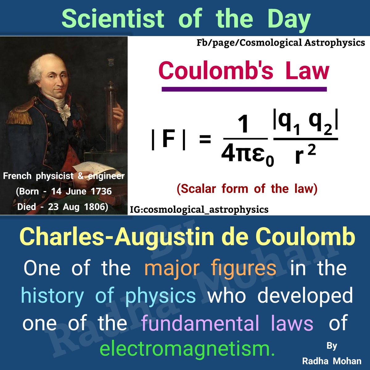 It's the birthday of #CharlesAugustindeCoulomb, one of the major figures in the history of physics - 

(Scientist of the Day - 14 June) 

Coulomb is distinguished in the history of mechanics and of electricity & magnetism. The SI unit of electric charge is named in his honor.