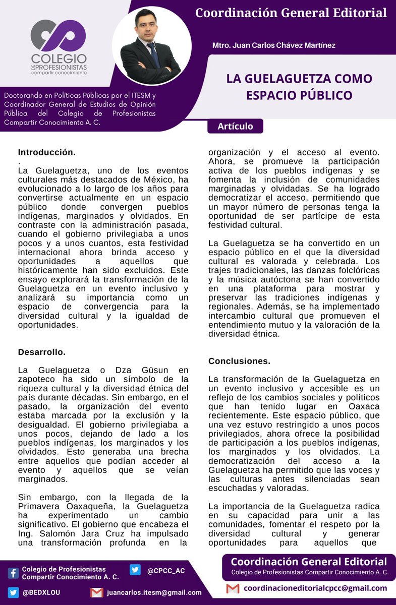 CPCC_AC's tweet photo. #CoordinaciónEditorial 📗🖊
#Artículo

"LA GUELAGUETZA COMO ESPACIO PÚBLICO"

Por: Juan Carlos Chávez Martínez - Coordinador General de Estudios de Opinión Pública del @CPCC_AC

@BEDXLOU https://t.co/iuUyBx4Umz