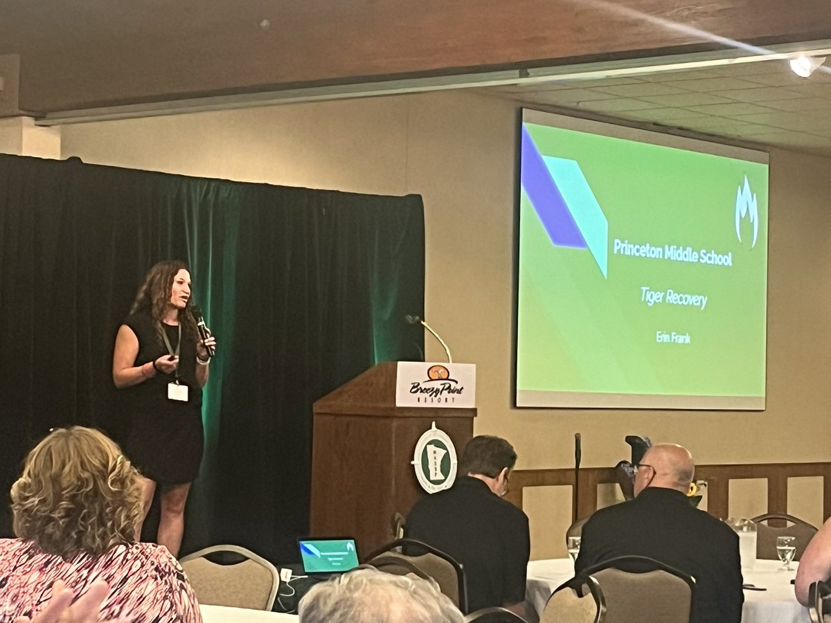 Middle_ISD477's tweet photo. Assistant Principal, Erin Frank accepting the Gold Level  Star of Innovation Award for the  Tiger Recovery program at Princeton Middle School and presenting to MN principals at MASSP Summer Conference. Amazing work to Erin and our awesome teachers in this award-winning program https://t.co/rmQT57HKFY