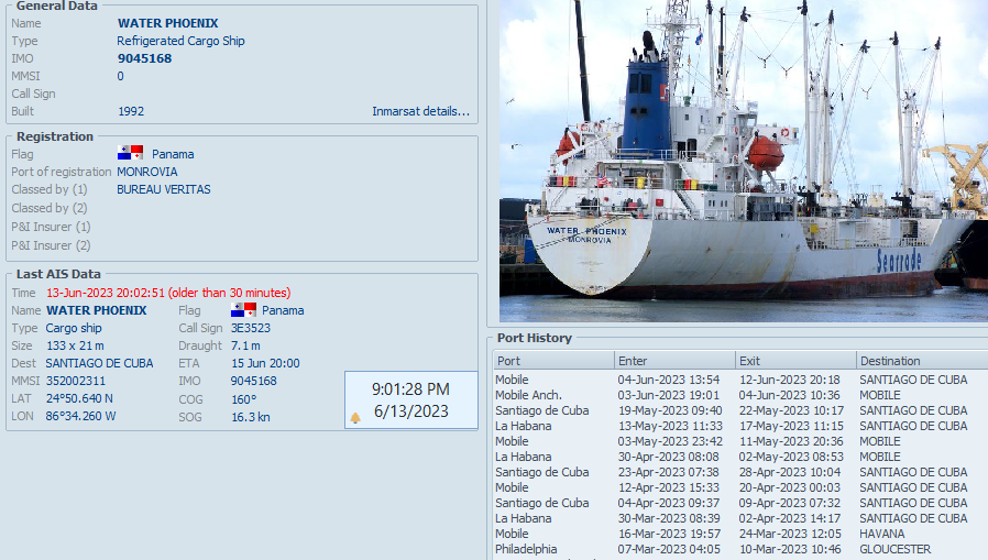 FlconEYES's tweet photo. Barcos que SALTAN el #EmbargoCuba 🙄 #WATERPHOENIX 9045168

Barco Refrigerado | 6to viaje seguido a #Cuba

Mariscos, vegetales y frutas exóticas para hoteles, pollo subvencionado del @PartidoPCC pa' la gente

Cala:7.1/7.57m
Capac: 8mil Ton
#Now #OSINTCuba #cubarcos #AIS #13Jun https://t.co/i7tks6UjKJ