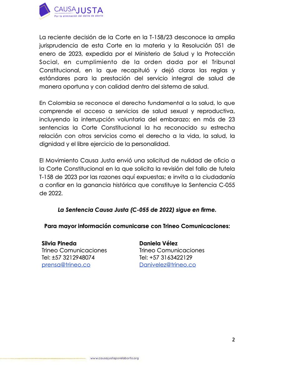 🚨 Comunicado oficial: la Corte Constitucional NO ha reversado su decisión sobre el aborto en Colombia. La Sentencia C-055 de 2022 sigue firme #sentenciacausajusta 👇🏼