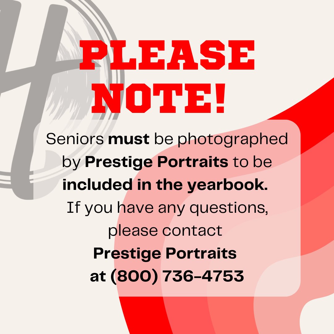 ‼️HHS CLASS OF 2024‼️

Have you scheduled your senior portrait session yet?? All seniors hoping to be included in the yearbook MUST take a photo with Prestige.

Can’t make any of those dates? Be on the lookout for picture makeup/retake day in the fall.