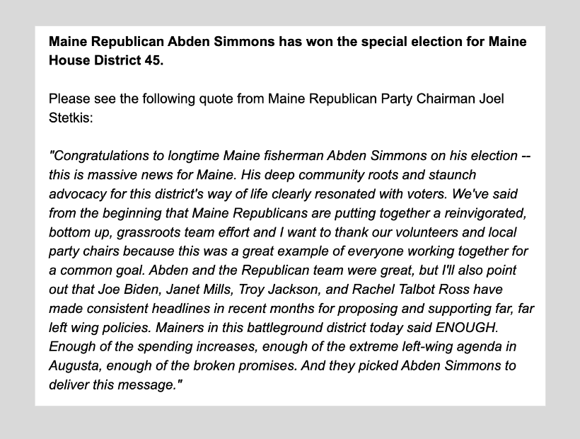 mainegop's tweet photo. BIG NEWS IN MAINE TONIGHT!

Congrats to Abden Simmons for winning this battleground district and thanks to the grassroots for getting the job done!

#mepolitics https://t.co/iXPgKcDdAD