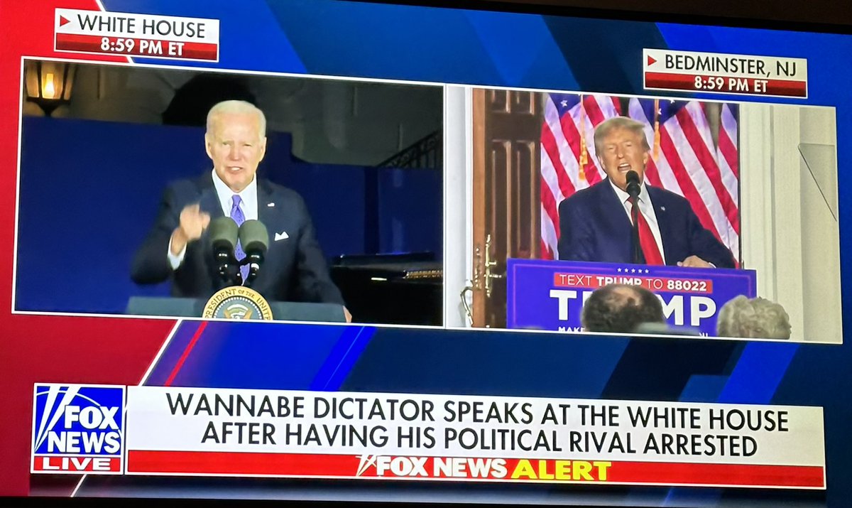 Fox News ends its 8pm hour w/ the chyron: “wannabe dictator speaks at the White House after having his political rival arrested” Chyron went away when Hannity took over at 9.