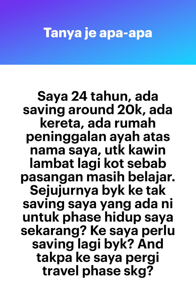 Pelabur_Bijak's tweet photo. Dah lebih dari stabil dah tu, Pergi travel ambil pengalaman.

Usually orang pergi travel ni dia akan jumpa “solution” untuk dia bawa balik &amp; jual ke orang Malaysia pula. 

Dah 30 lebih nanti susah nak curi masa nak travel. https://t.co/NsidVrYQwZ