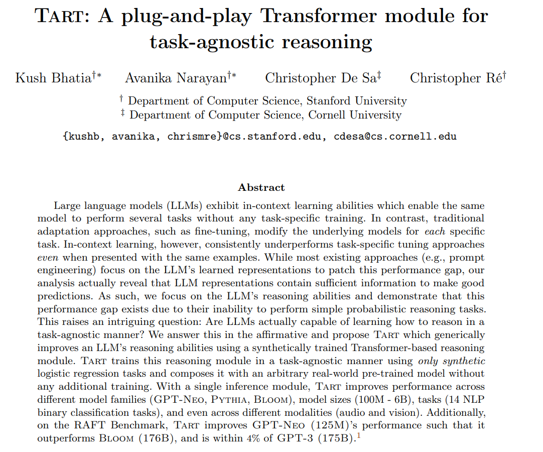 arankomatsuzaki's tweet photo. Tart: A plug-and-play Transformer module for task-agnostic reasoning

Proposes Tart which generically improves an LLM’s reasoning abilities using a synthetically trained Transformer-based reasoning module

https://t.co/Ks7RSRAy1d https://t.co/0772l7m0Fc