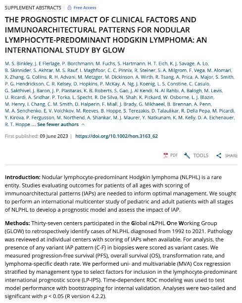GLOW: Global nLPHL One Working Group (@glow_nlphl) on Twitter photo We are proud to announce this abstract by Drs. <a href="/michaelsbinkley/">Michael Sargent Binkley</a> & <a href="/JamieFlerlage/">Jamie Flerlage</a>, to be presented this Friday <a href="/icmlugano/">International Conference on Malignant Lymphoma</a> #17ICML. Through our <a href="/glow_nlphl/">GLOW: Global nLPHL One Working Group</a> consortium, this is the largest cohort described of >2100 patients with NLPHL. #NLPHLsm #lymsm onlinelibrary.wiley.com/doi/10.1002/ho… We are proud to announce this abstract by Drs. <a href="/michaelsbinkley/">Michael Sargent Binkley</a> & <a href="/JamieFlerlage/">Jamie Flerlage</a>, to be presented this Friday <a href="/icmlugano/">International Conference on Malignant Lymphoma</a> #17ICML. Through our <a href="/glow_nlphl/">GLOW: Global nLPHL One Working Group</a> consortium, this is the largest cohort described of >2100 patients with NLPHL. #NLPHLsm #lymsm onlinelibrary.wiley.com/doi/10.1002/ho…