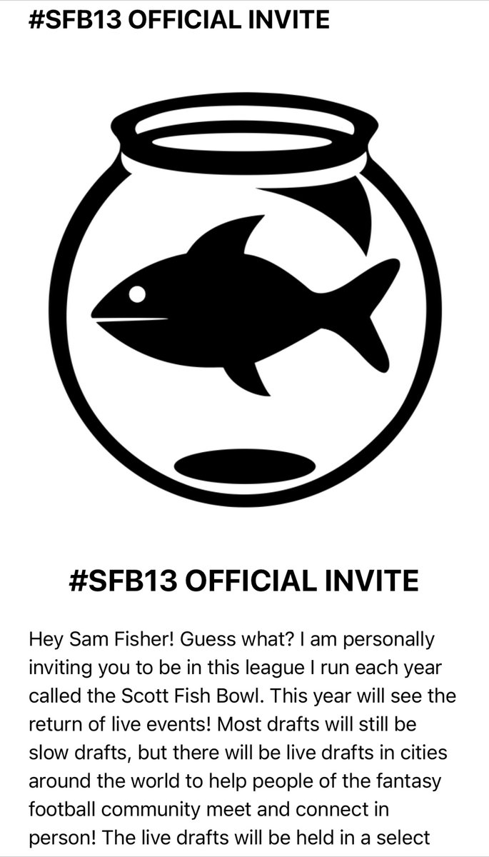 I have been seeing all the posts for people receiving invites to #SFB13 and have been anxiously hoping I would get one too. Well, wishes do come true! Thank you @ScottFish24 and all the others who put on this wonderful competition! Now time to decide which division to join.