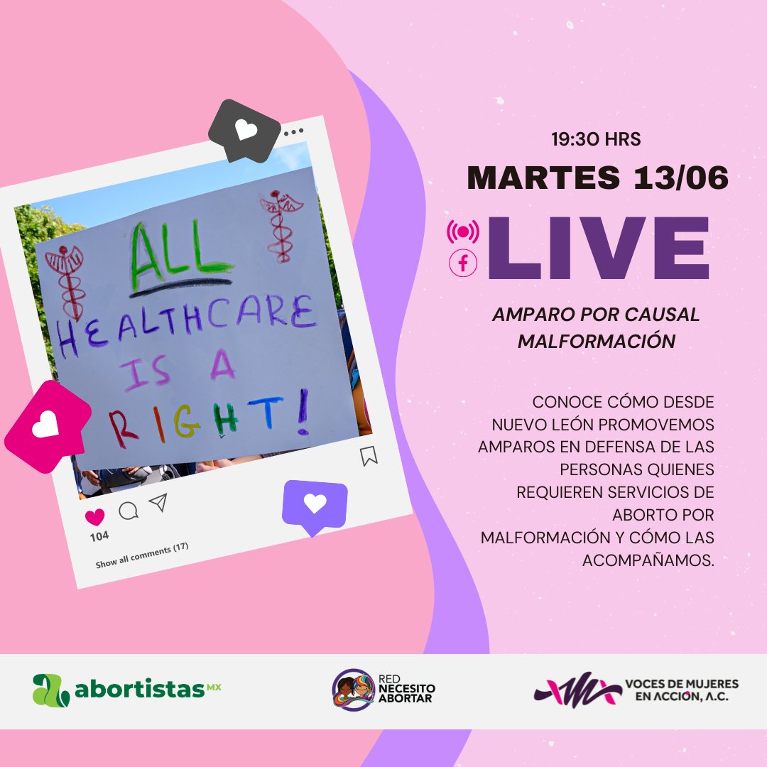 AbortarNecesito's tweet image. 📷 ¡HOY! a las 19:30 hrs compartiremos con ustedes cómo trabajamos esta estrategia y cómo promovemos el acceso a los derechos de las personas quienes requieren un proceso de aborto por malformación, cuya causal aún no legislan en nuestro Estado. Buscamos que #SeaLey y que se