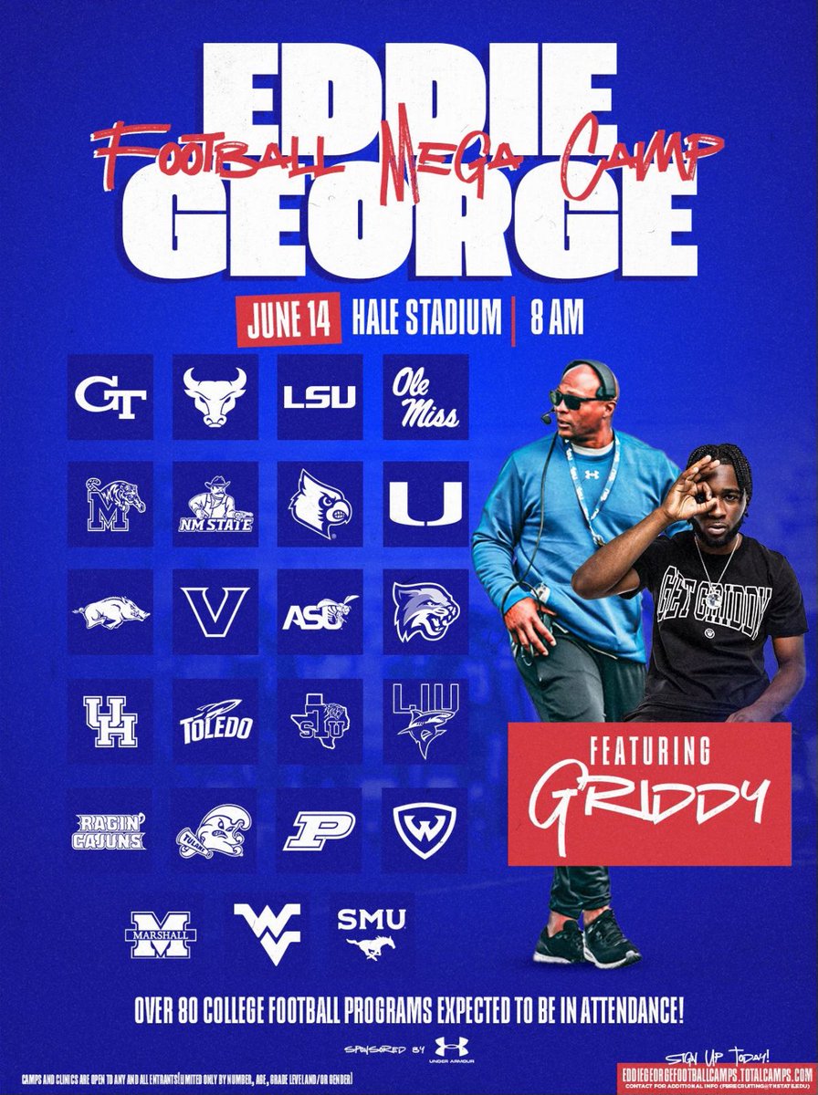 Very excited for tomorrow at the @EddieGeorge2727 MEGA camp, 3rd one this month, ready to work and learn!! 🔥🏈 #RoarCity @CADawgs @CoachAnderson86 @SpringHillFresh @CSmithScout @CoachE99Nieves @CoachMote34 @CACoachMcKnight