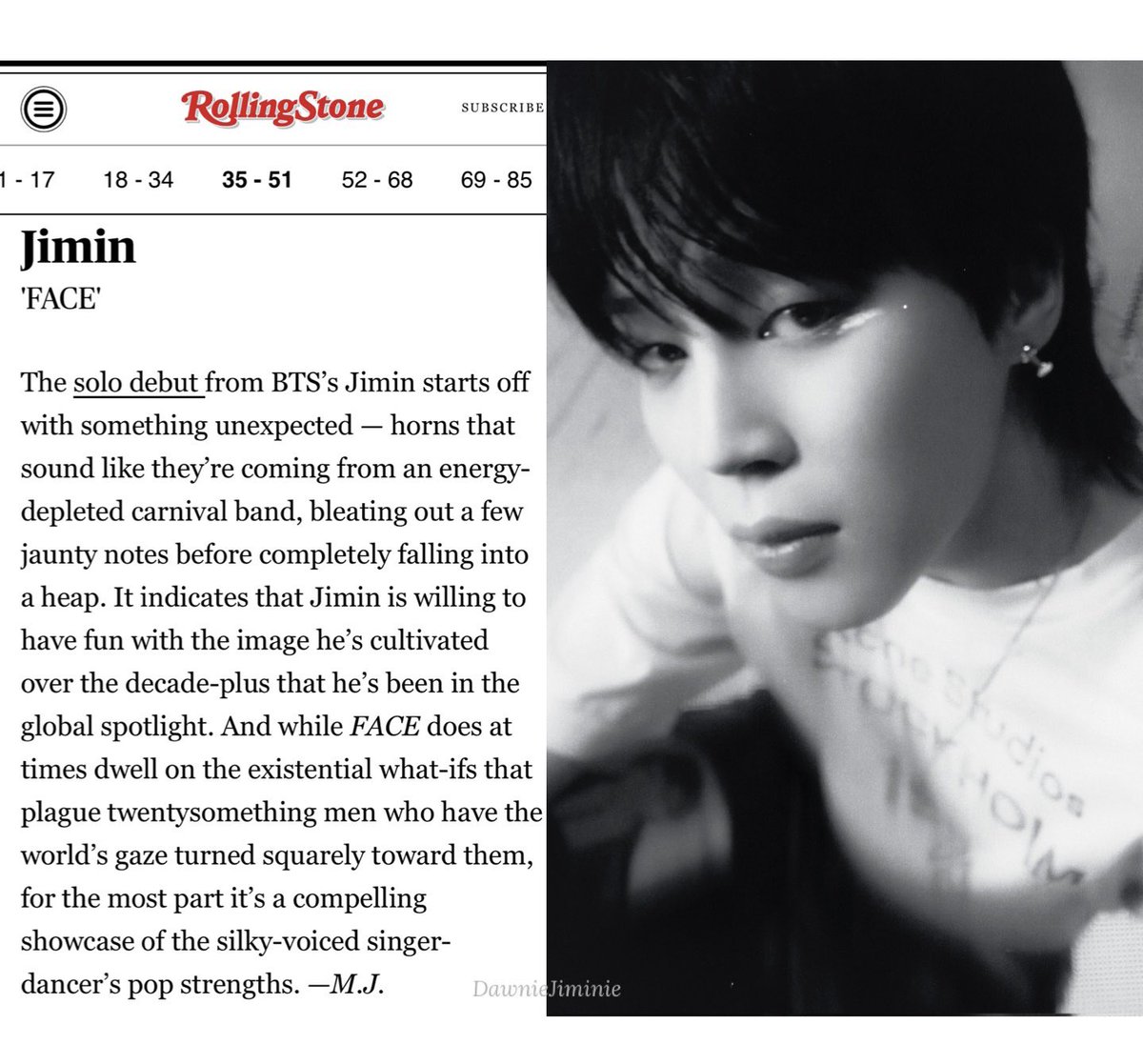 @RollingStone Jimin ‘FACE’ -  “….it’s a compelling showcase of the silky-voiced singer-dancer’s pop strengths.”

The album is flawless and absolutely superior, every track is amazing. Jimin’s a talent powerhouse. 
#SetMeFree_Pt2 #LikeCrazy #JIMIN #Jimin_FACE