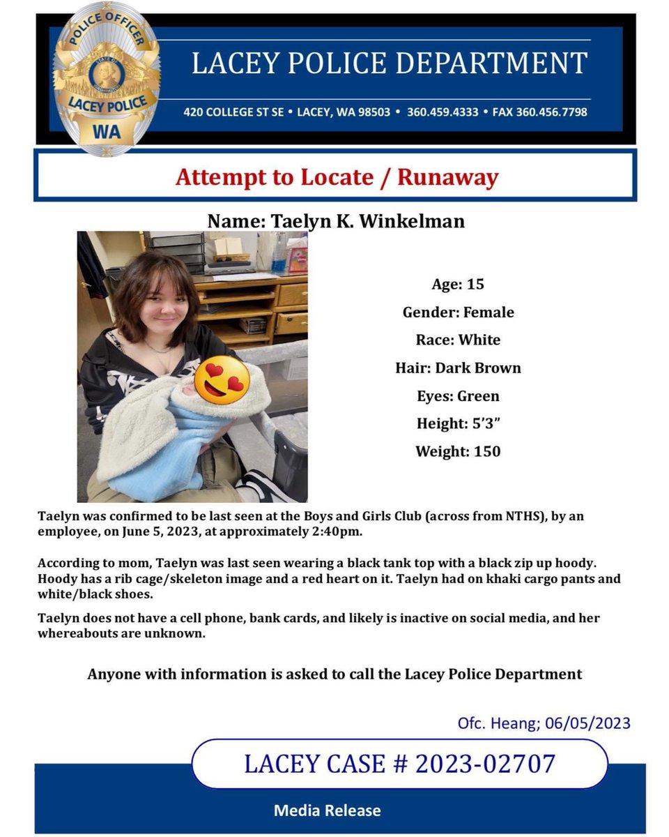 Have you seen her? 🚨If you have any information, please call us at: (360) 459-4333 or CrimeStoppers at: 800-222-TIPS.  #PleaseHelp #LaceyUnited #LaceyPD #MissingPerson