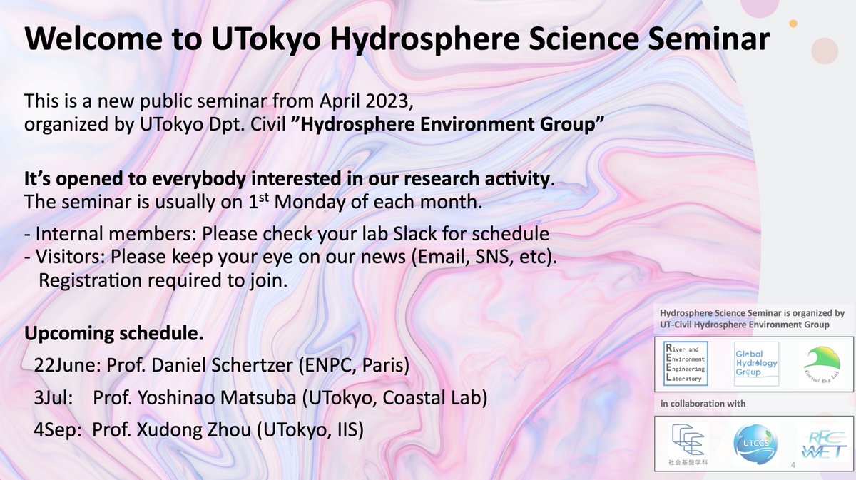 We have two public seminars in coming weeks. 22June byProf Daniel Schertzer (ENPC, Paris). 3 July by Prof Yoshinao Matsuba (UTokyo). Everyone is welcome to join!
tiny.cc/UT-HydroSeminar