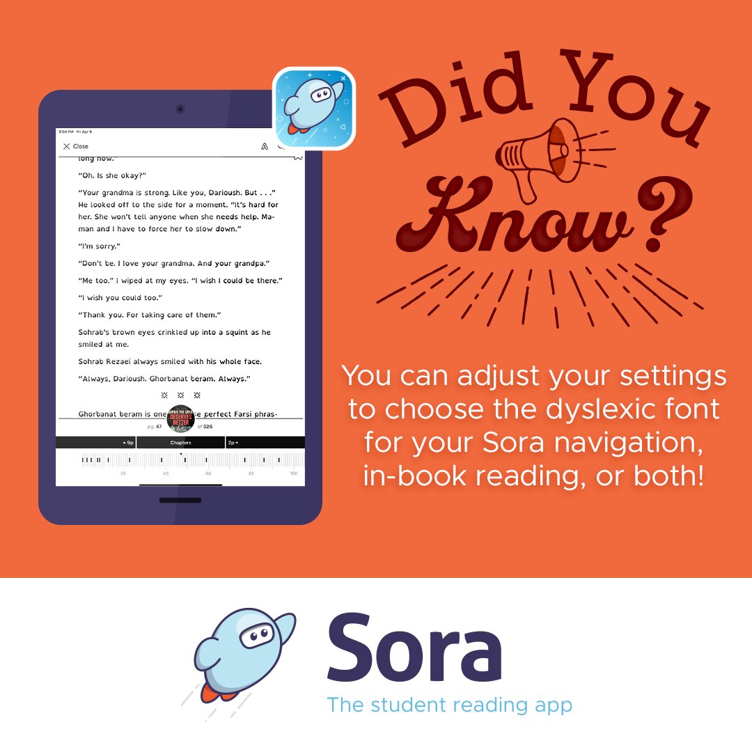 Sora, by OverDrive Education (@sorareadingapp) on Twitter photo #TipTuesday 🤔✨ Did you know? 📚📱 You can adjust your settings to choose the dyslexic font for your Sora navigation, in-book reading or both! 💡✏️💻 Improve readability and make the most of your #SoraApp journey. 
#ReadingAccessibility #TipTuesday 🤔✨ Did you know? 📚📱 You can adjust your settings to choose the dyslexic font for your Sora navigation, in-book reading or both! 💡✏️💻 Improve readability and make the most of your #SoraApp journey. 
#ReadingAccessibility