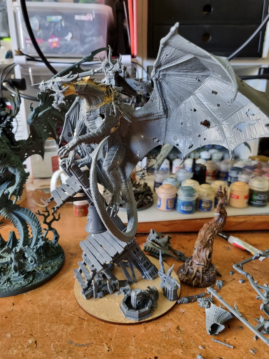 Taking a break from painting neferata (half finished) to make a start on my vampire lord on zombie dragon. Going for a turned vampire chaos lord. Alot of green stuff and work on base to go but think it is looking good so far.