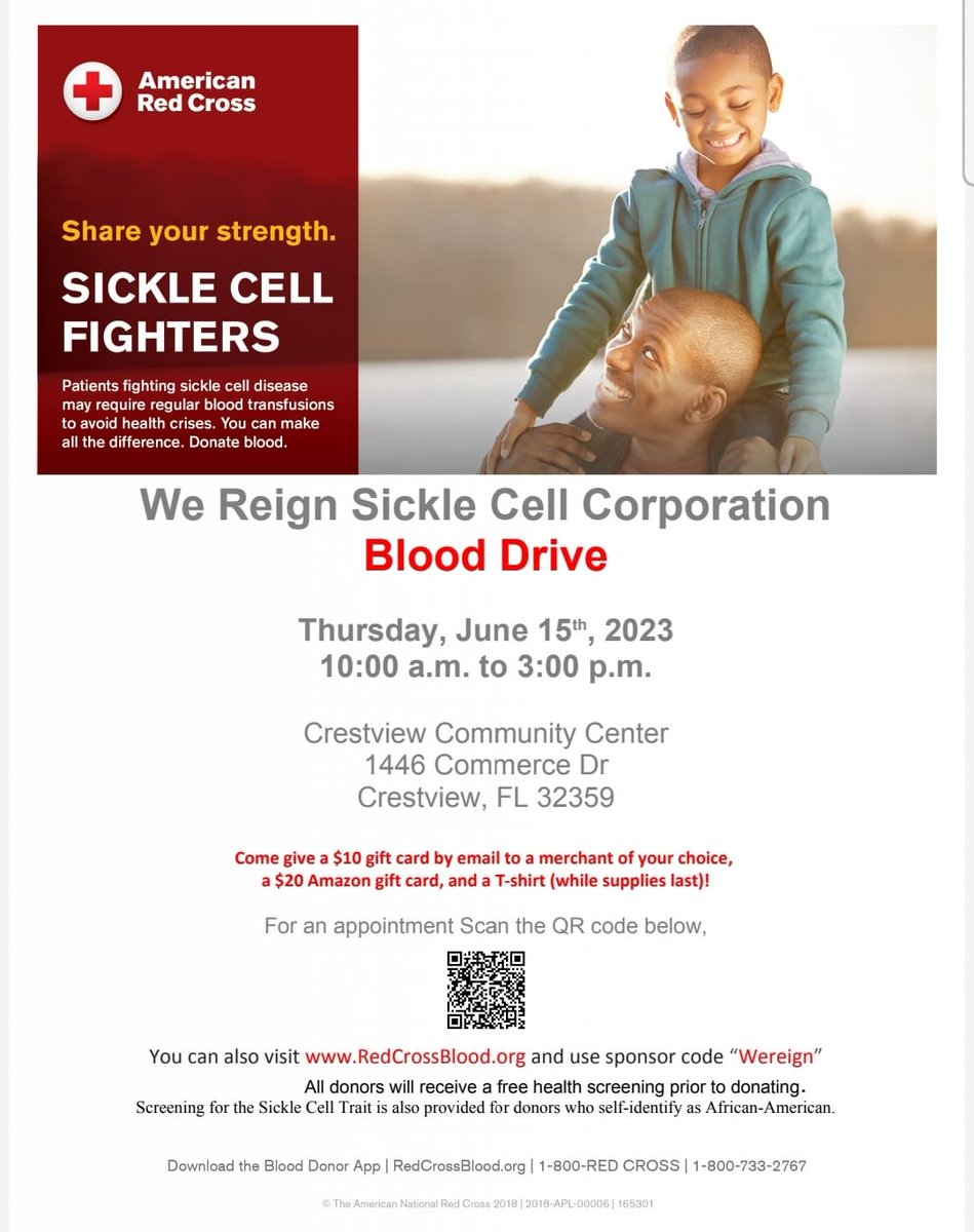 Happening this Thursday, June 15! 🚨

We Reign Sickle Cell Corporation will be hosting a blood drive at the Community Center  and will begin at 10:00 AM. You can make your appointment here 👉 redcrossblood.org/give.html/driv… 

#cityofcrestview