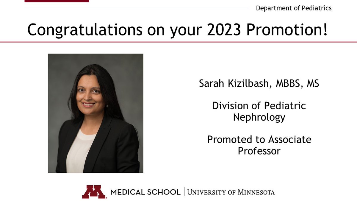 Congratulations to Dr. Sarah Kizilbash on her promotion to #AssociateProfessor! Dr. Kizilbash directs the Peds Kidney Transplant Program & the Ped Neph Fellowship. Her research is in kidney transplantation, on strategies to expand the donor pool & make transplant more equitable.