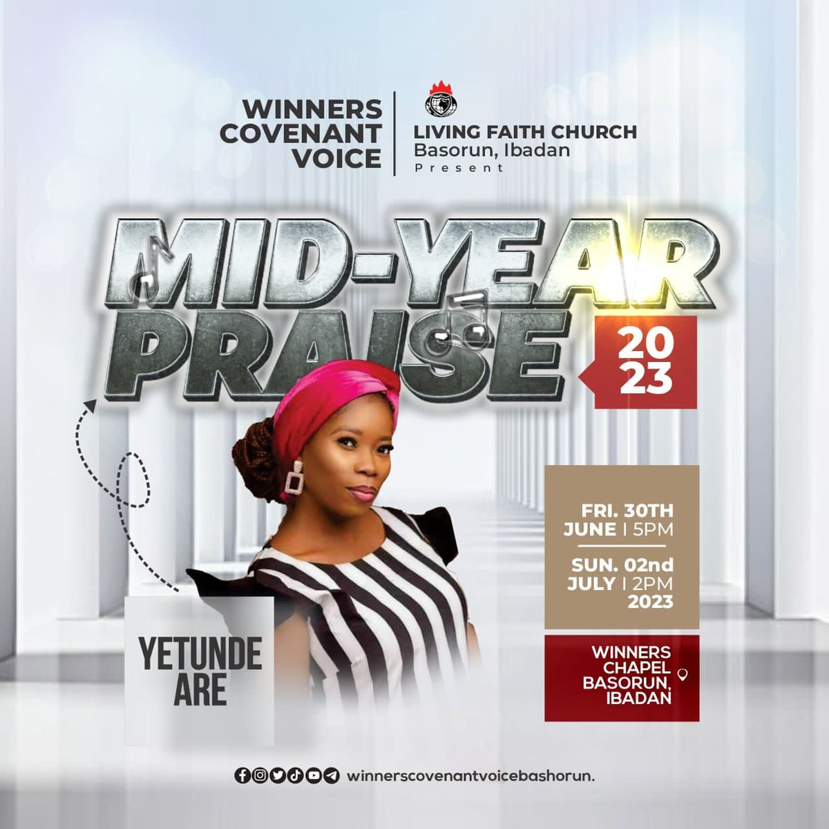wcvbashorun's tweet photo. Have you heard the news? Yetunde Aare, will be ministering at the MIDYEAR Praise 2023 event at Living Faith Church Basorun. This is one soul-lifting event you should look forward to. Prepare to connect with God's presence from Friday 30th June till Sunday 2nd July 2023. https://t.co/DqAmREHKhk